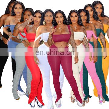 Spaghetti Strap Off Shoulder Tube Crop Top Skinny Pants Set Split Leggings Stacked 2 Piece Sets Club Party Outfit