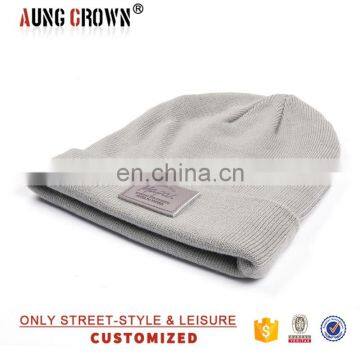 Custom Stripe Beanie With Custom Patch Label Grey Beanie Hats photo-2