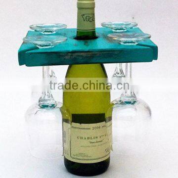 Blue painted solid wooden wine and glasses organizer holder