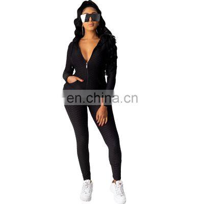 Wholesale solid color hooded tops and pants two piece set with zipper fall winter women's tracksuit in multi colour