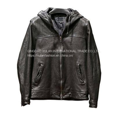 Men's Fashion Genuine Vegetable Sheepskin Leather Jacket With Hood photo-3