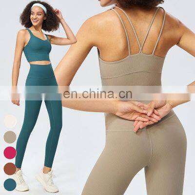 Running Sports Clothing Suit Shockproof Sports Bra High Waist Leggings 2 Piece Set Gym Fitness Sets Ribbed Yoga Set For Women photo-5