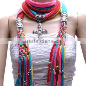 Multi color hand made rainbow color cross pendant jewelry scarf