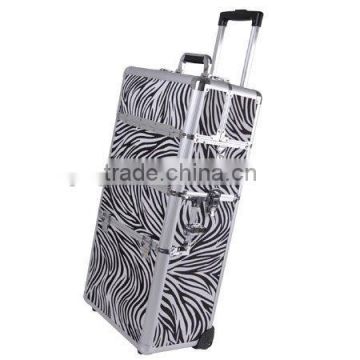 2in1 Zebra Aluminum Makeup Cosmetic Train Rolling Case Hair Style Lockable Box