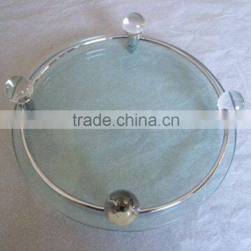 metal polished chromed finish crystal round glass tray tempered glass tray with rail