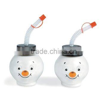 14 oz. 400ml Fashion Printed Promotional Customized Plastic Snowman Shaped Cups with Lids and Straws Wholesale Manufacturer