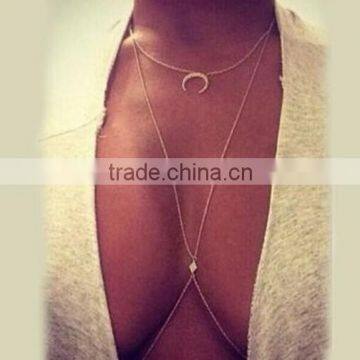 2016 New Arrival Crystal Pendant Moon Neck Rhombus Summer Sexy Body Chain Jewelry