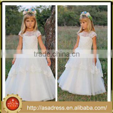 LBFG01 Pretty Cap Sleeve Hand Made Lace Appliqued Flower Girl Dresses Tulle Ball Gowns for Little Girls for Wedding Party