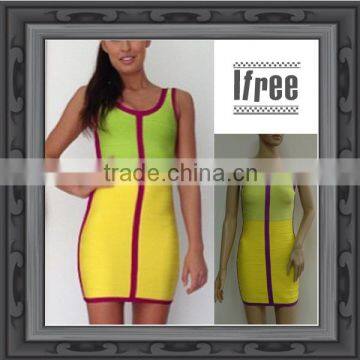 2014 Fashion Lime Green and yellow Sleeveless Summer Dress