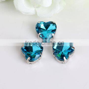 factory selling gemstones aquamarine color sew on heart shape stone with silver claw for uniform