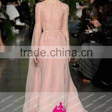 E07 New Arrival Long Sleeve Heavey Beaded Prom Dress Elegant Boat Neck Long Pink vestidos de festa vestido longo