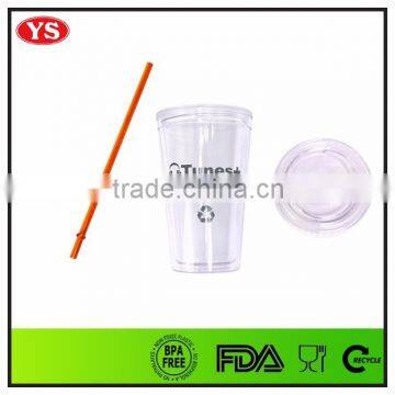 Promotion 16 Ounce Clear Double Wall Plastic Straw Cups With Crazy Straw