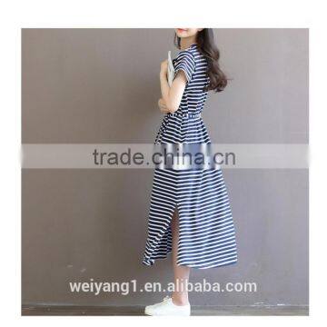 Wholesale Factory Direct Retro Round-neck Striped One-piece Women Casual Black Dress