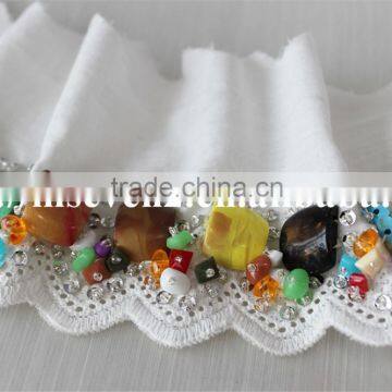 100% Cotton Water Soluble Lace Trim With Colorful Beaded Design for Sale