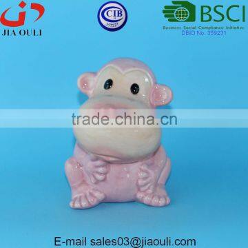 BSCI Audit Factory glazed pink ceramic Monkey shape Coin Bank for Kids gift, ceramic Coins Money Bank