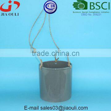 Glazed grey Hemp Rope Hanging Ceramic planter pot