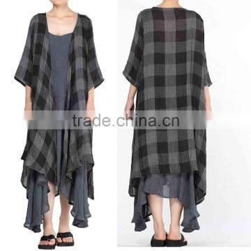 3/4 Sleeve Plaid Asymmetric Hem Cardigans Women's New Loose Thin Garb Drap Open Front Cardigan