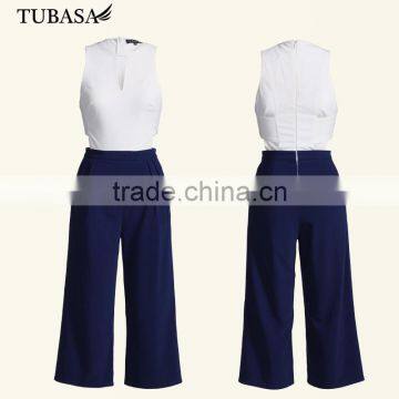 working women sleeveless white blue size cut jumpsuit with back zipper
