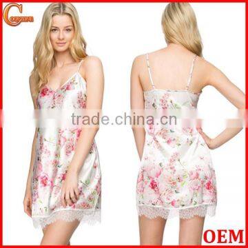 Sexy relaxed fit adjustable straps print women pajamas with lace trim