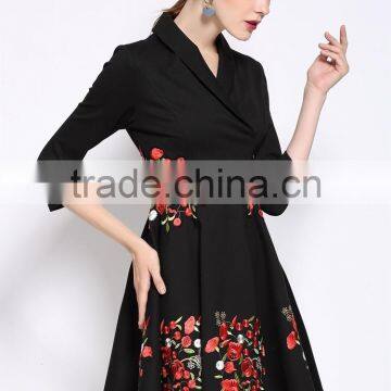 Ladies Autumn/winter V Neck 3/4 Sleeve Embroidered A-line Dress photo-5