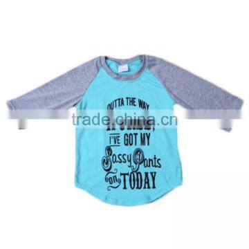 New Style Girls gray with blue vinyl print words designs raglan T-shirts online shopping hong kong