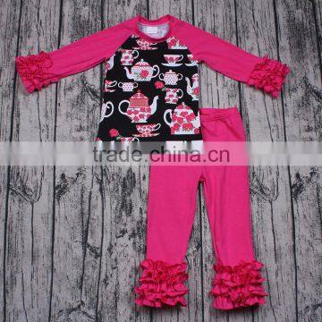 Wholesale baby girls boutique outfits 2pcs flower girls teapot print long sleeve clothing set icing pants clothes for kids cheap