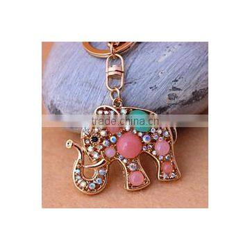 Gold plated Turquoise blue stone with rhinestone crystal elephant charm keychain