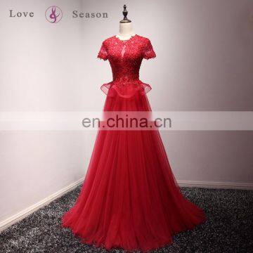A17DL0014 O-neck Short Sleeve Shirt Keyhole Back Evening Dress Red Women Fashion Dress