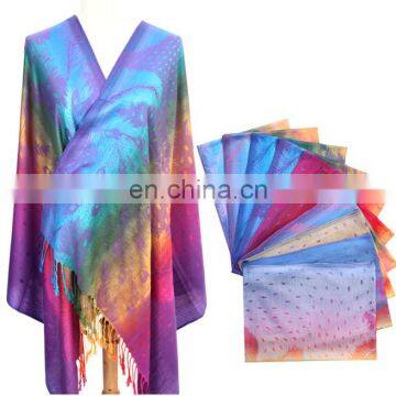 Cheap high quality wedding tatting warm peacock feathers yarn-dyed weaving poncho scarf