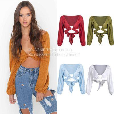 Fashion Design Women Clothes Casual Turn-down Collar Knit Top Long Flare Sleeve Solid Color Fold Women Shirt Top