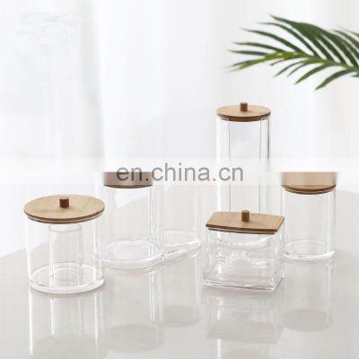 Transparent Plastic Cotton Swabs Organizer Storage Box Pop Up Cotton Swab Holder with Bamboo Lid