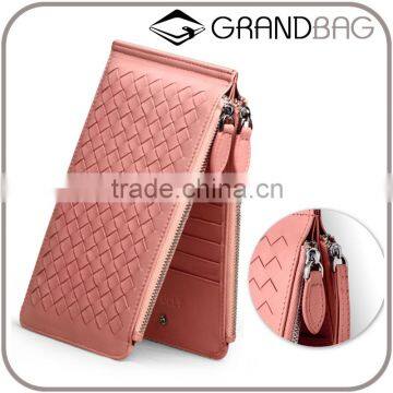 Ladies woven sheep skin leather wallet with zipper genuine leather long wallet for women