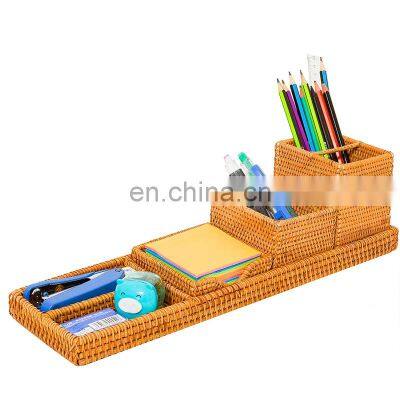 Hot Sale Wicker Desk Topper Organizer with Pen and Post it Holder Stuff Stand Tray 100% Natural Rattan Basket Set