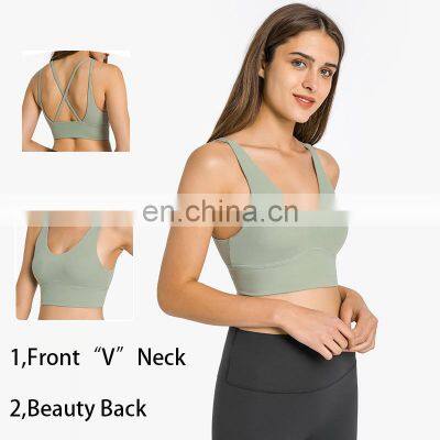 Wholesale Sexy V Neck Yoga Bra Back Cross Strap Women Gym Top High Impact Sportswear Bra Ladies Workout Running Fitness Tank