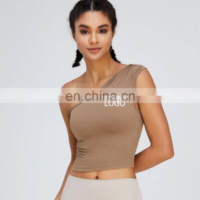 New Arrival Sexy Hot Women One Shoulder Padded Sports Gym Crop Bra Tank Top Workout Training Running Exercise Wear Yoga Clothing