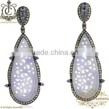 Pave Fashion Jewelry, 925 Sterling Silver Diamond Earrings, White Agate Gemstone Carving Earrings, Carving Jewelry Manufacturer