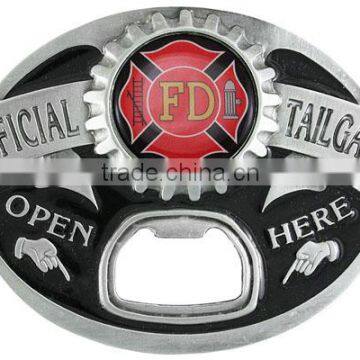 Silver Tone Belt Buckle Displays A Fire Department "Official Tailgater" Belt Buckle With Bottle Opener Metal Fridge Magnet