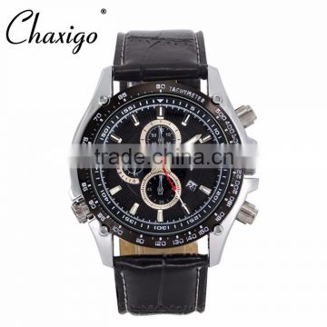 Chaxigo factory wholesale sport leather three eyes fashion design men chronograph watch