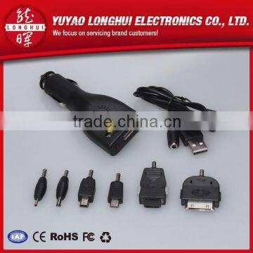 mini car charger with usb, data cable and six cellphone plugs