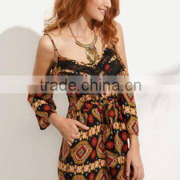 Bodysuits Latest Fashion Design Women Clothing Multicolor Print Cold Shoulder Tie Waist Jumpsuit photo-5