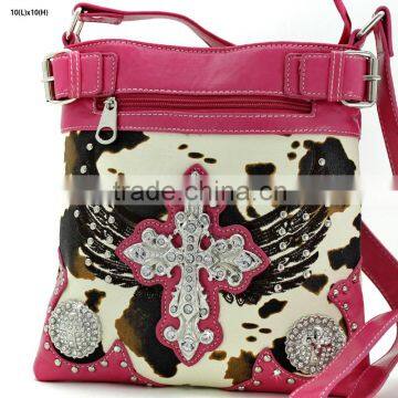 WESTERN COW PRINT RHINESTONE CROSS CONCEALED WEAPON MESSENGER BAGS