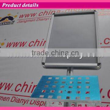 A3 Poster Stand, Snap Open, Metal Tray, 8 Feet Tall, Round Base - Silver