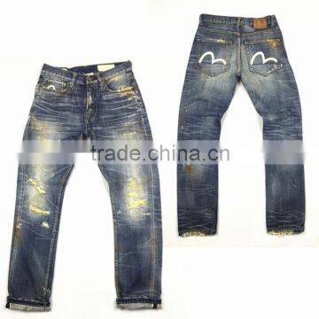 Custom High quality vintage wash distressed Japanese selvedge jeans denim selvedge denim jeans(LOTR016)