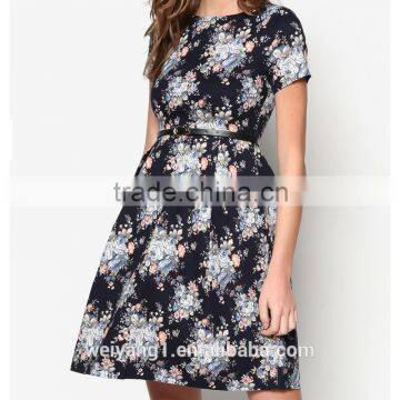 Fashion Floral Printed Midi Skater Woman Summer Dress