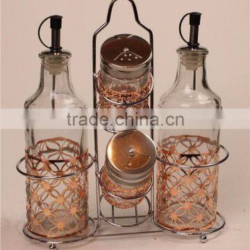 Set of Glass Oil Spice Jar Bottle Set With Iron Holder Golden Metal Cover photo-2