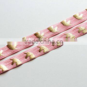 5/8" Fold Over Elastic Gold Unicorn on Carnation Pink Pattern Metallic Printed Elastic Band for Underwear Trousers