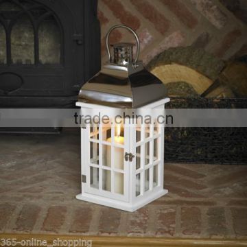 Wooden Lantern Candle Holder With Stainless Steel Metal Top