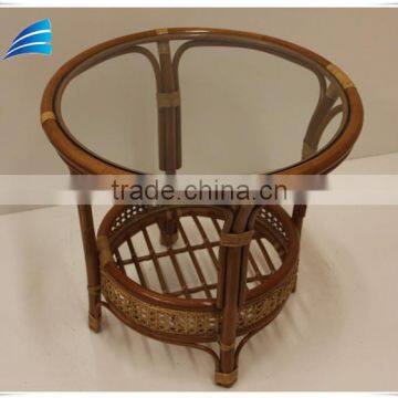 Rattan Round Modern Coffee Table W/ Glass Top photo-2