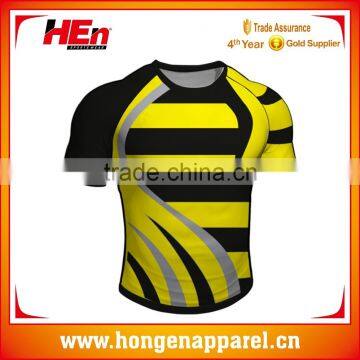 Hongen apparel compression custom sublimated pro rugby jerseys, yellow strip rugby shirts