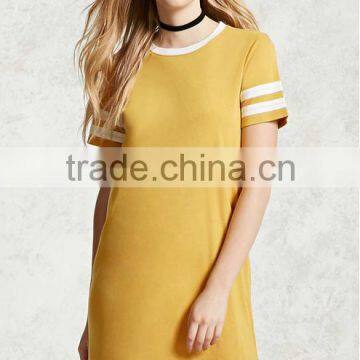 Woman Short Sleeve Round Neck Contrasting Varsity Stripes T-shirt Casual Shift Dress photo-2